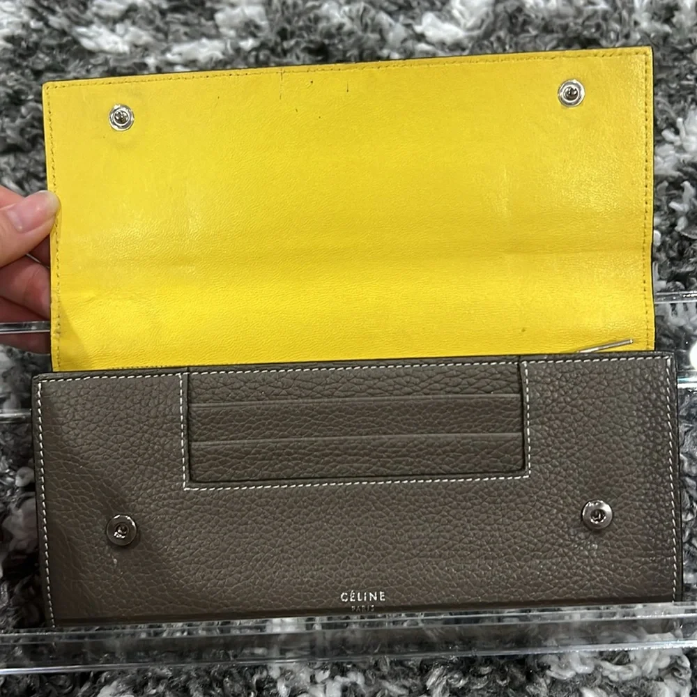 Authentic CELINE Calfskin Leather Souris Gray Yellow Large Flap Long Wallet - Picture 6 of 16
